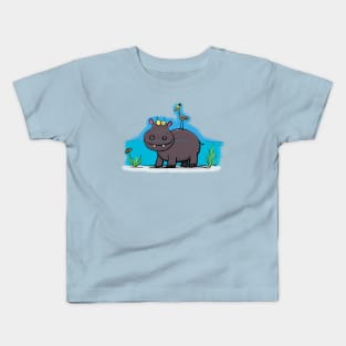 Cute hippo in the river with bird cartoon Kids T-Shirt